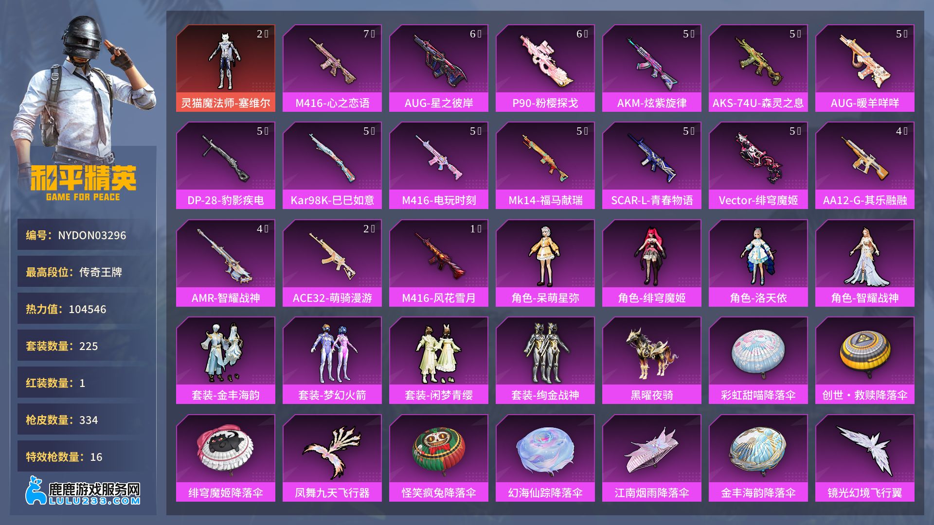 【特效枪】7级M416-心之恋语、5级Vector-绯穹魔姬、5级SCAR-L-青春物语、5级AKM-炫紫旋律、5级AUG-暖羊咩咩、5级M416-电玩时刻、5级AKS-74U-森灵之息、5级Mk14-福马献瑞、5级Kar98K-巳巳如意、5级DP-28-豹影疾电、6级P90-粉樱探戈、6级AUG-星之彼岸、1级M416-风花雪月、2级ACE32-萌骑漫游、4级AMR-智耀战神 实名情况:可二次实名 信誉分是否可排位:可排位 热力值:104546 车数:1 粉装数量:8 粉枪数量:16 套装数量:225 等级:67 收藏等级:79 神装数量:1 枪械数:334 特效枪数量:16 战备数:240【鹿鹿游戏服务网】
